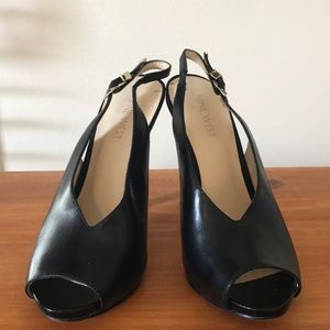 Black open toe sling back heels